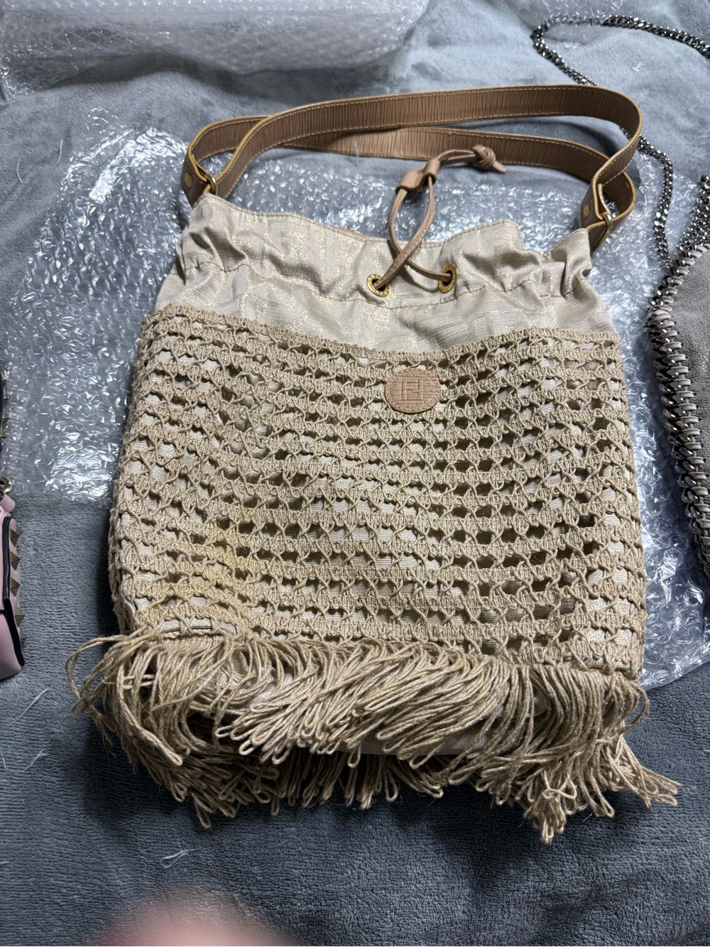 Authentic Vintage Fendi SAS Crochet Fringe Bucket Bag - Rare Gold Metallic